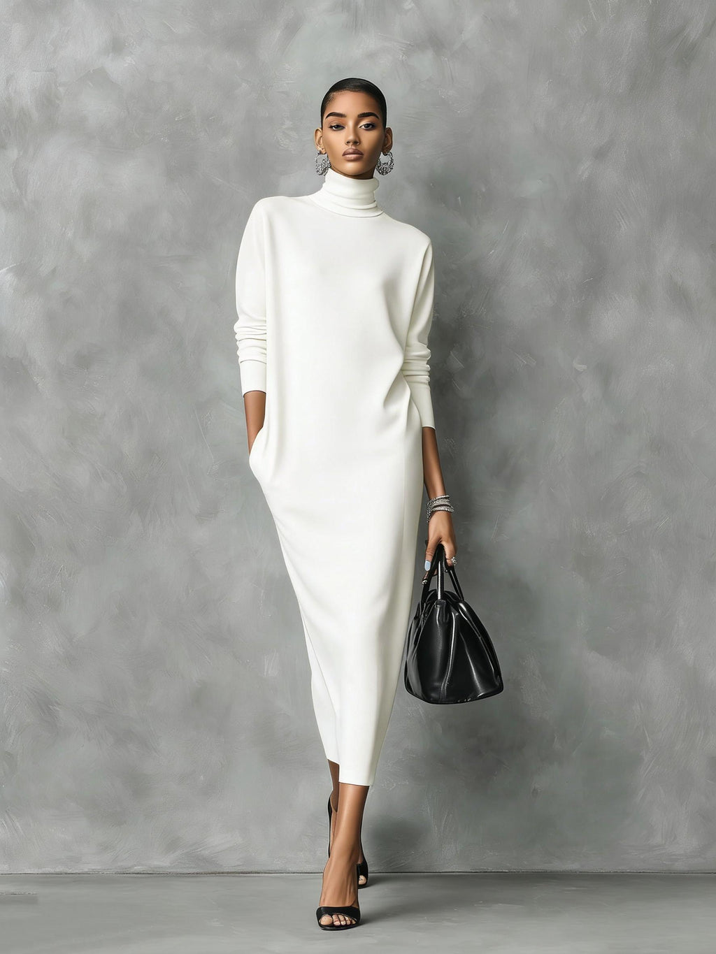 Elegant Black Knitted Turtleneck Midi Dress for Women - Long Sleeve, Loose Fit