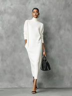 Elegant Black Knitted Turtleneck Midi Dress for Women - Long Sleeve, Loose Fit