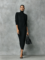 Elegant Black Knitted Turtleneck Midi Dress for Women - Long Sleeve, Loose Fit