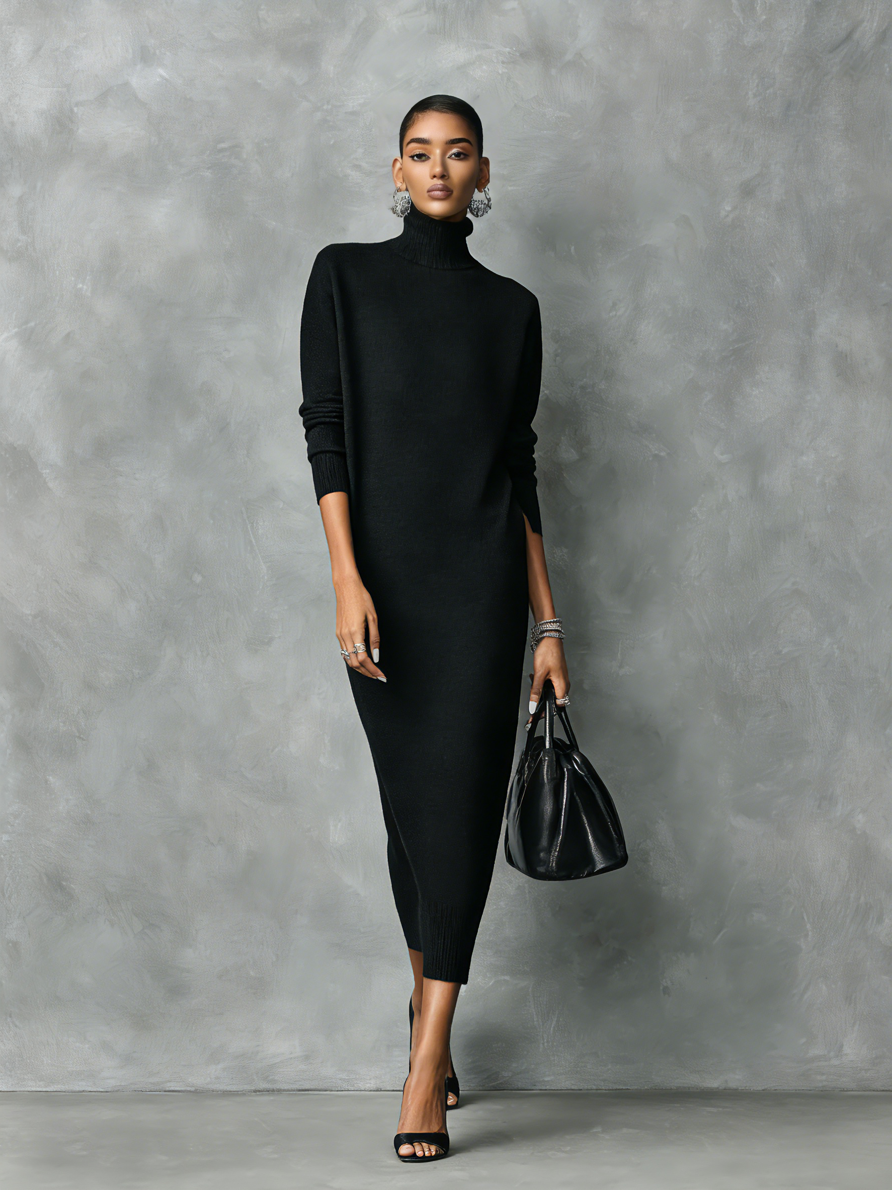 Elegant Black Knitted Turtleneck Midi Dress for Women - Long Sleeve, Loose Fit