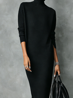 Elegant Black Knitted Turtleneck Midi Dress for Women - Long Sleeve, Loose Fit