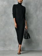 Elegant Black Knitted Turtleneck Midi Dress for Women - Long Sleeve, Loose Fit