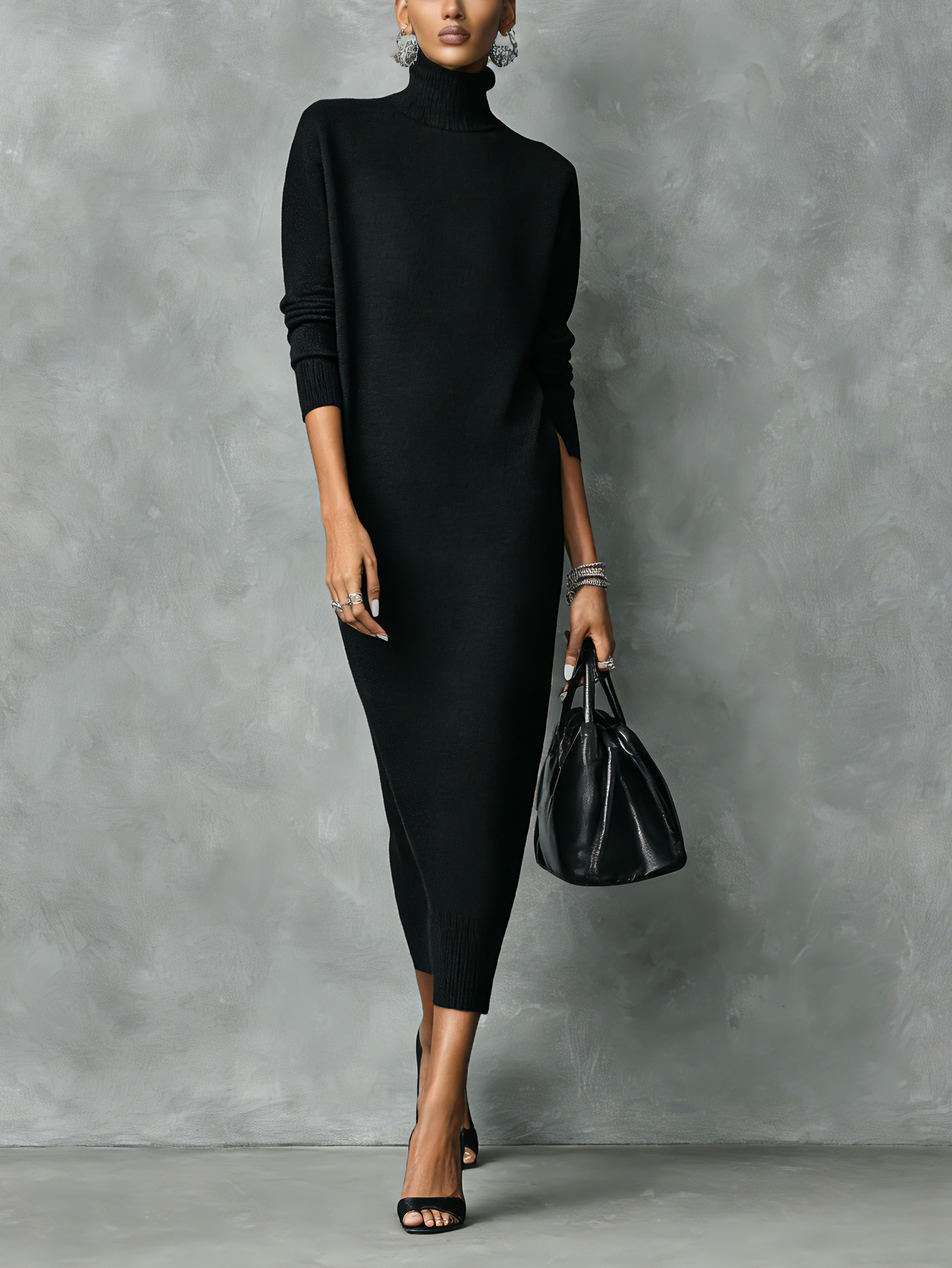 Elegant Black Knitted Turtleneck Midi Dress for Women - Long Sleeve, Loose Fit