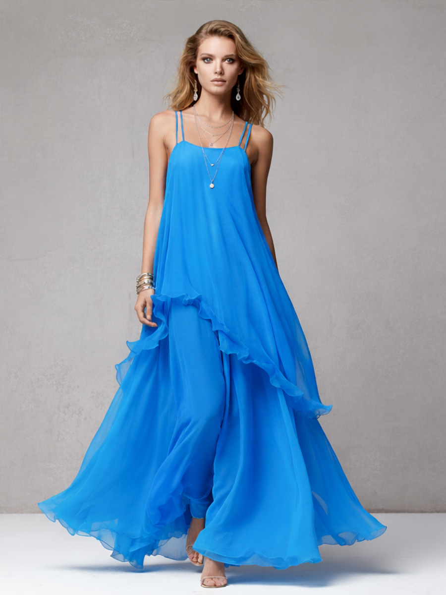 Elegant Blue Chiffon Maxi Dress with Layered Ruffles for Evening Events