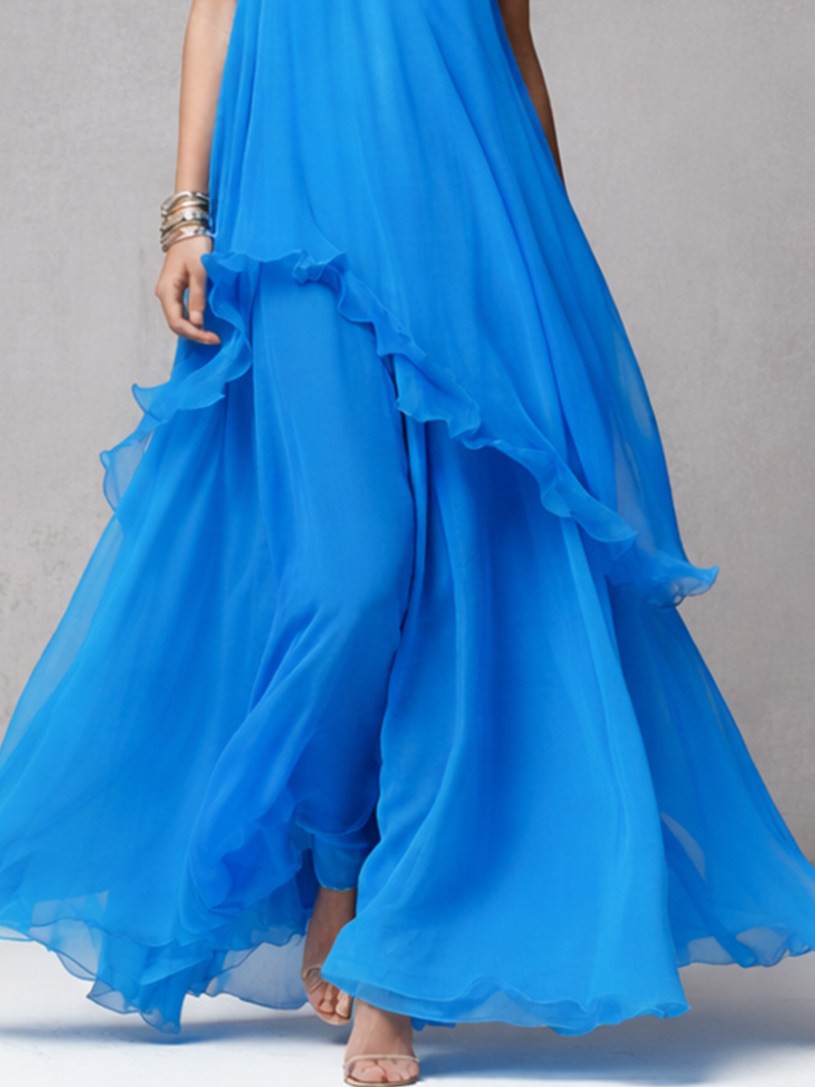 Elegant Blue Chiffon Maxi Dress with Layered Ruffles for Evening Events