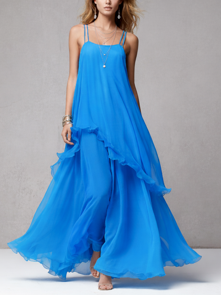 Elegant Blue Chiffon Maxi Dress with Layered Ruffles for Evening Events