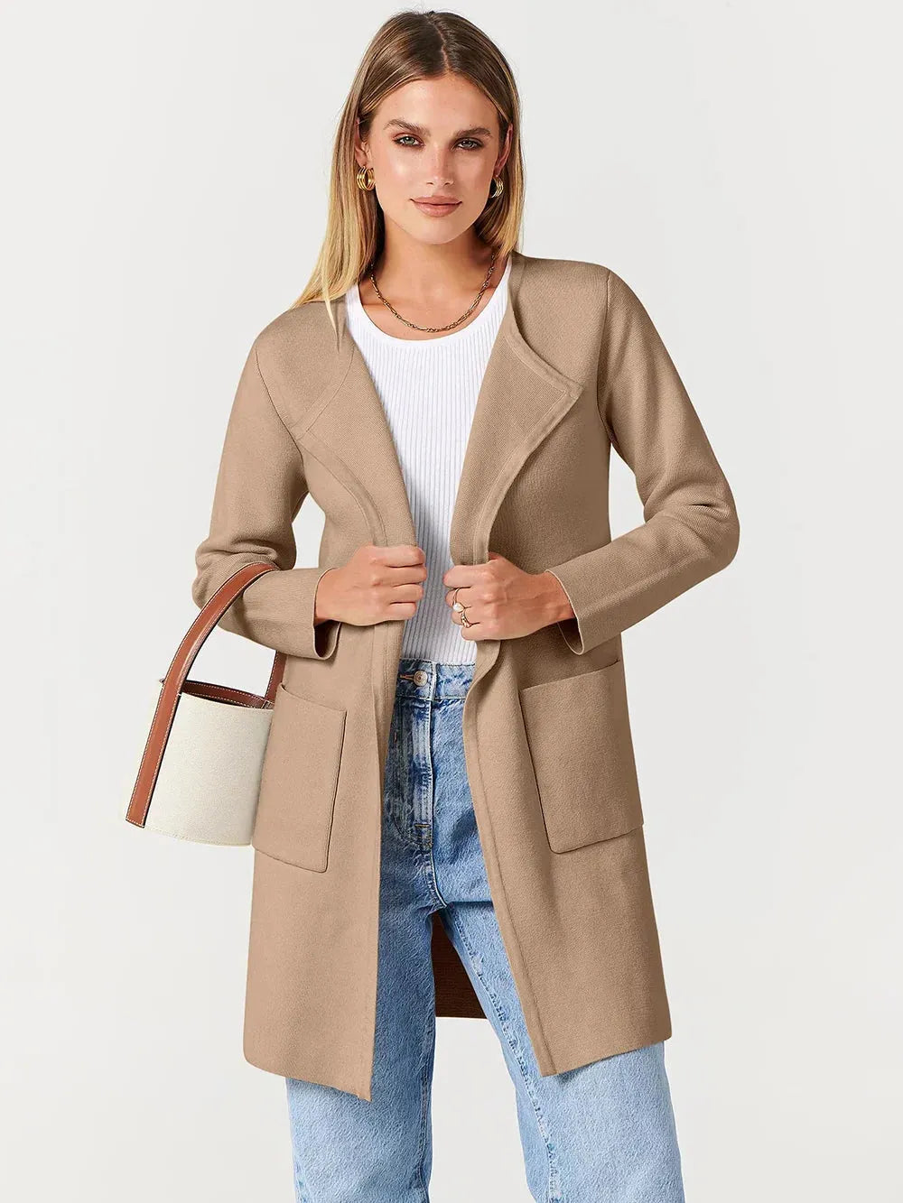 Elegant Lapel Coat in Soft Wool Blend for Women - Stylish Outerwear for Casual and Formal Occasions Khaki