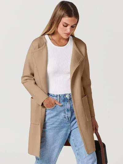 Elegant Lapel Coat in Soft Wool Blend for Women - Stylish Outerwear for Casual and Formal Occasions