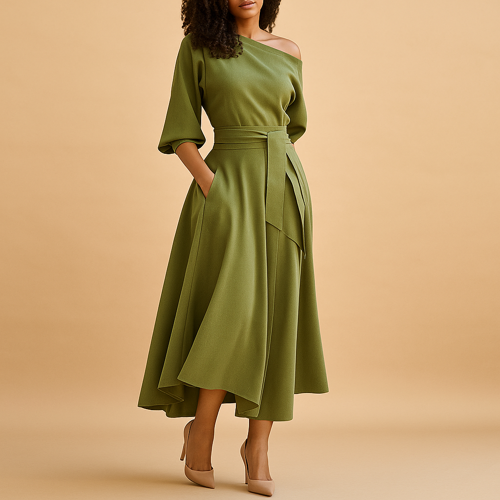 Elegant Midi Dress with Waistband for Women - Stylish Everyday Wear in Comfortable Fabric