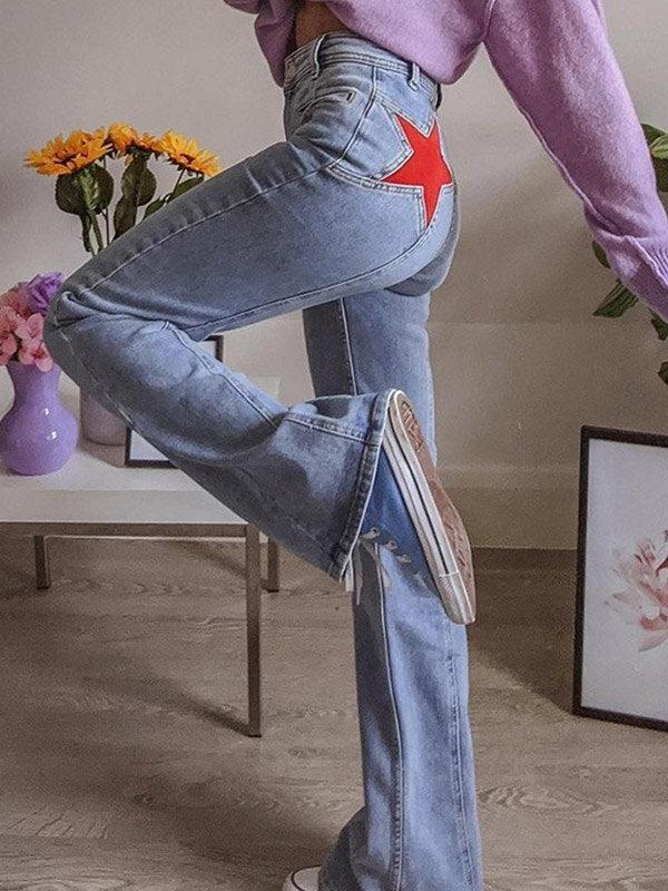 Flare Jeans with Back Star Patch - Denim Casual Wear for Women