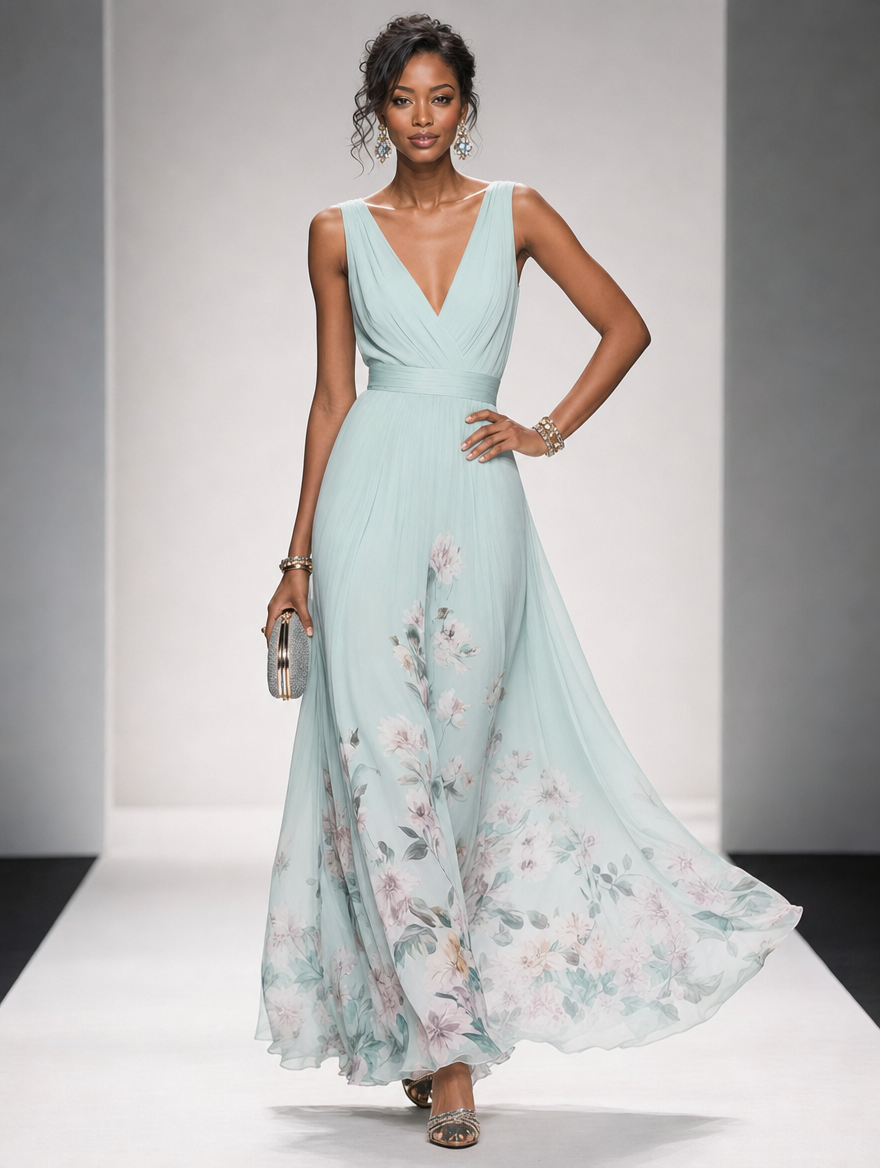 Floral Maxi Dress - Sleeveless V-Neck with Wide Straps for Summer Casual Wear