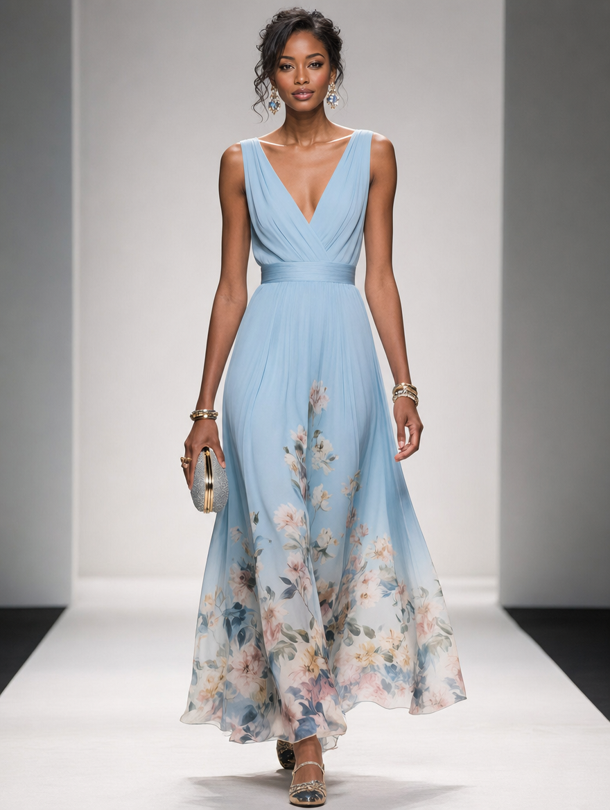 Floral Maxi Dress - Sleeveless V-Neck with Wide Straps for Summer Casual Wear