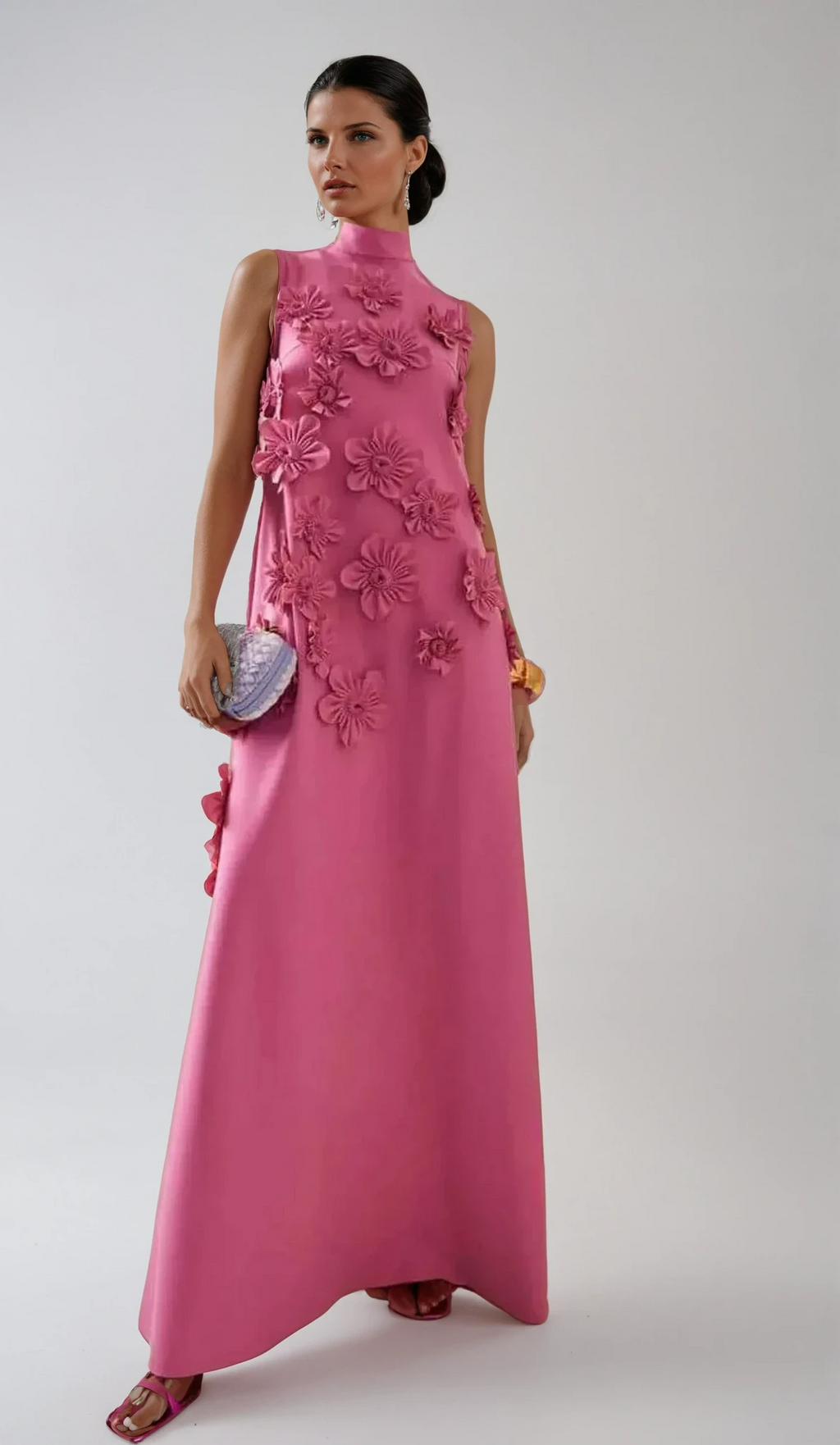 Flower Embellished Sleeveless Maxi Dress for Summer Evening Events - Elegant Floral Design in Lightweight Fabric