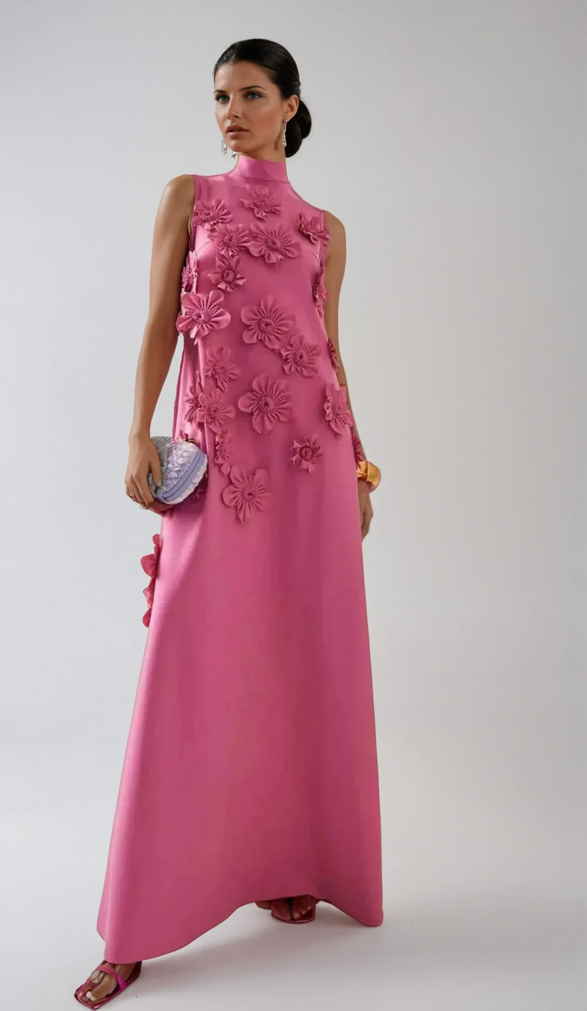 Flower Embellished Sleeveless Maxi Dress for Summer Evening Events - Elegant Floral Design in Lightweight Fabric