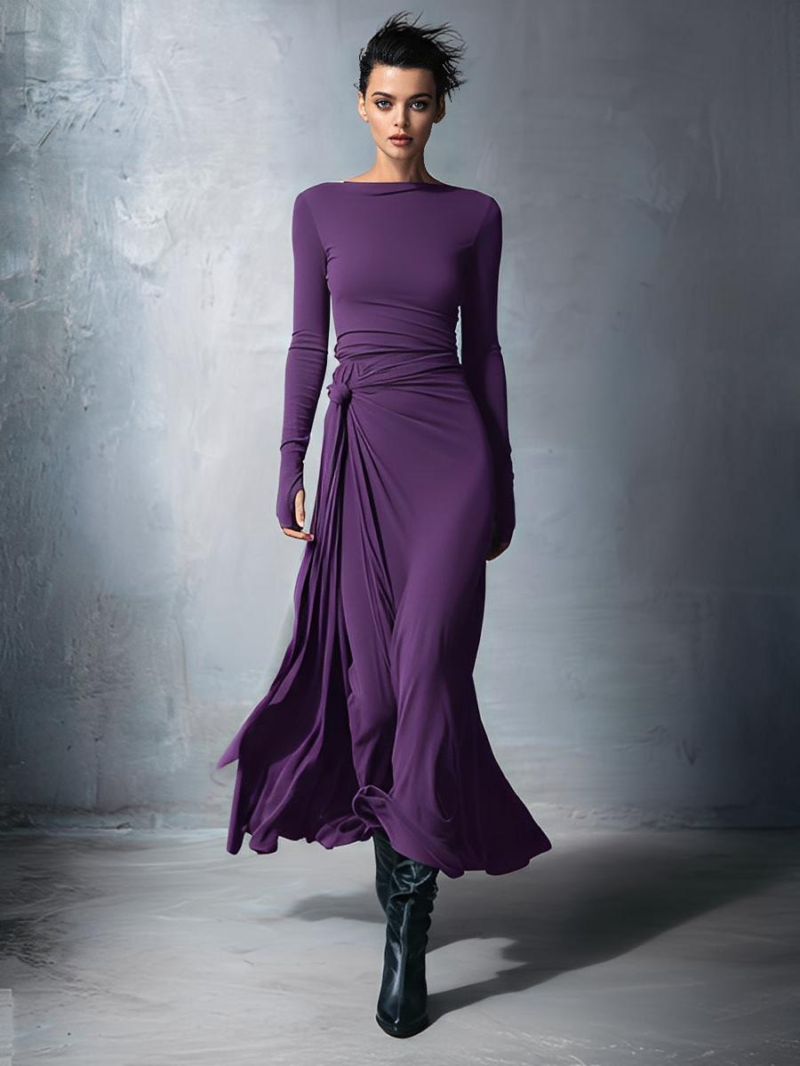 Gray Stretch Fabric Wrap Maxi Dress for Women - Knotted Design, MDA1401H9I