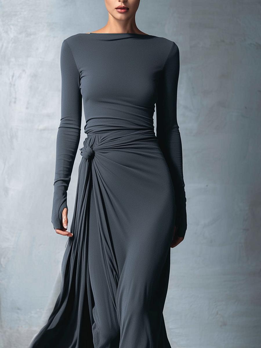 Gray Stretch Fabric Wrap Maxi Dress for Women - Knotted Design, MDA1401H9I