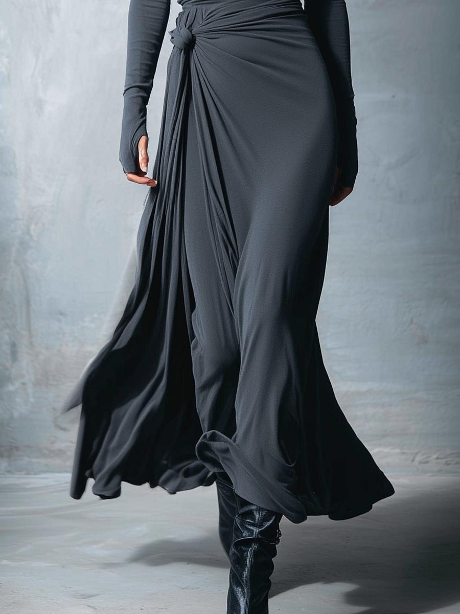 Gray Stretch Fabric Wrap Maxi Dress for Women - Knotted Design, MDA1401H9I