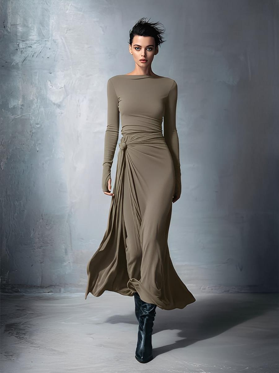 Gray Stretch Fabric Wrap Maxi Dress for Women - Knotted Design, MDA1401H9I