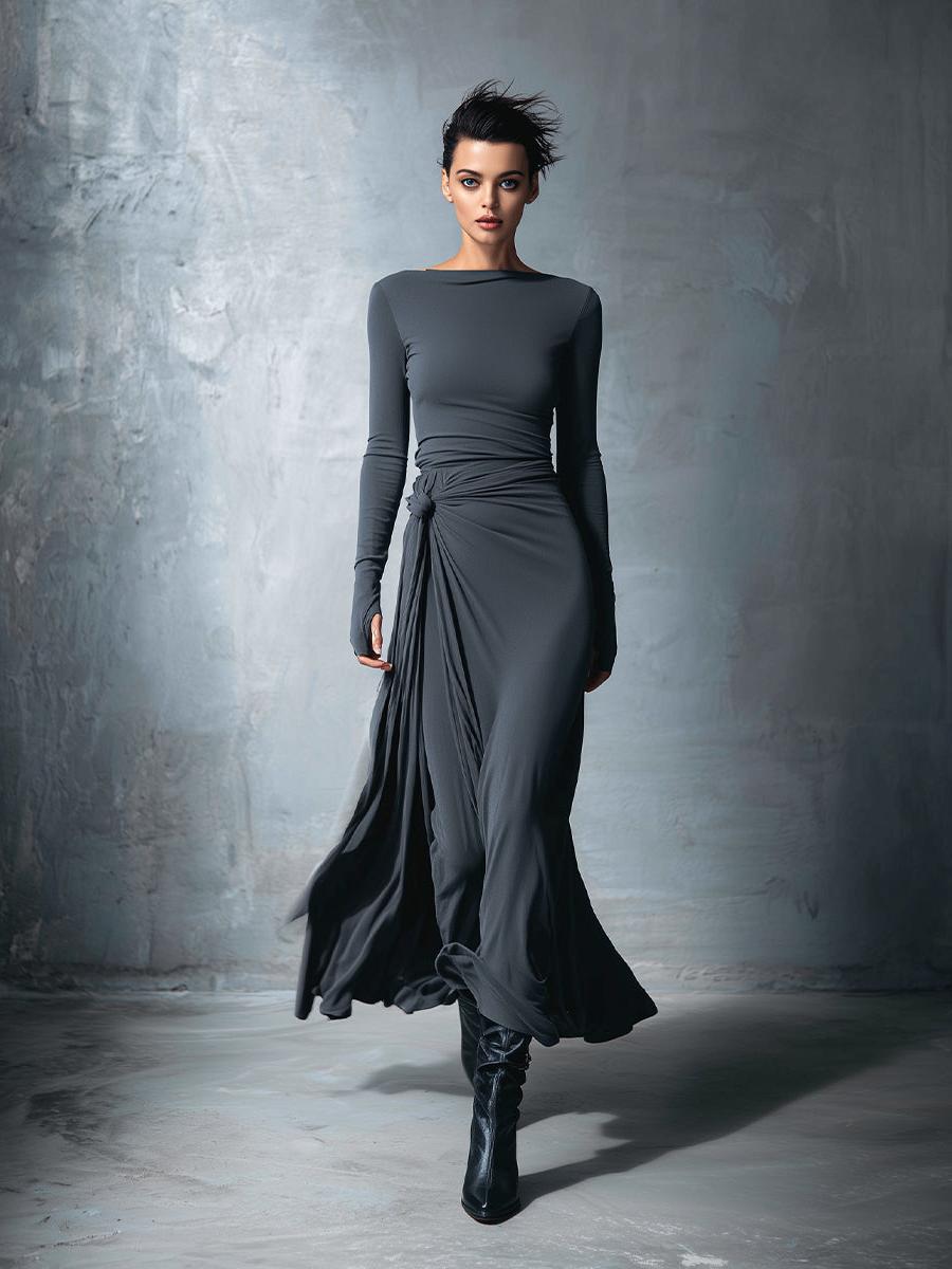 Gray Stretch Fabric Wrap Maxi Dress for Women - Knotted Design, MDA1401H9I