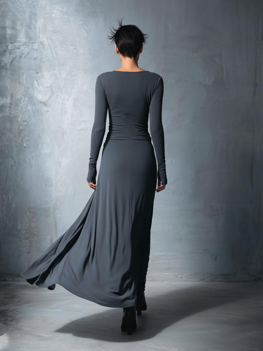 Gray Stretch Fabric Wrap Maxi Dress for Women - Knotted Design, MDA1401H9I