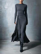 Gray Stretch Fabric Wrap Maxi Dress for Women - Knotted Design, MDA1401H9I