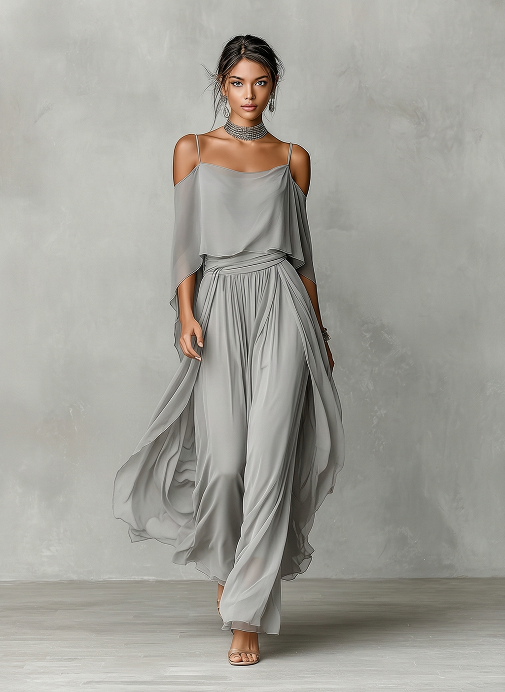 Grey Chiffon Cold-Shoulder Set with Flared Silhouette for Women