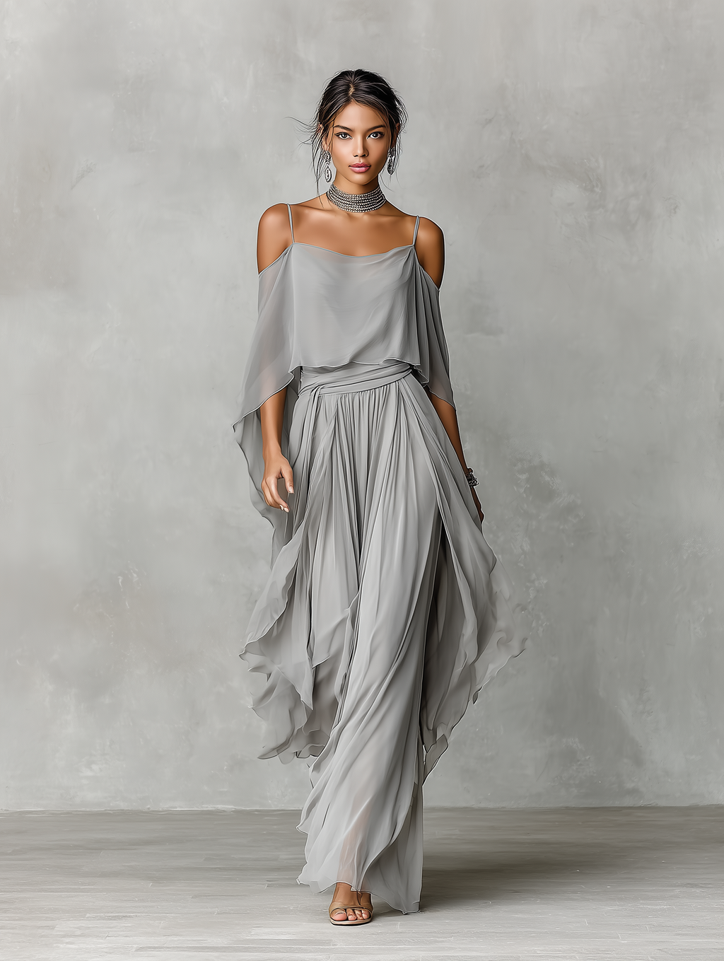 Grey Chiffon Cold-Shoulder Set with Flared Silhouette for Women