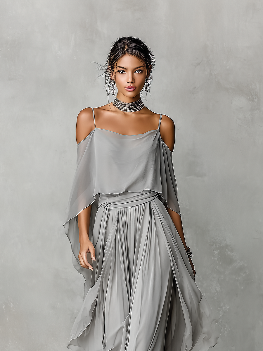 Grey Chiffon Cold-Shoulder Set with Flared Silhouette for Women