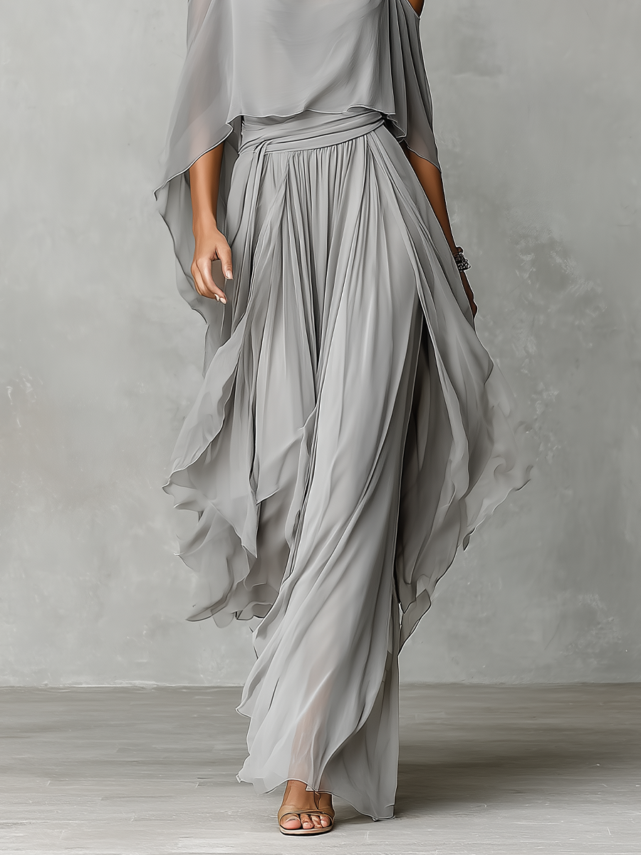 Grey Chiffon Cold-Shoulder Set with Flared Silhouette for Women