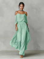 Grey Chiffon Cold-Shoulder Set with Flared Silhouette for Women