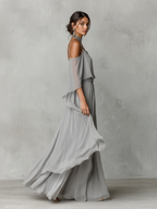 Grey Chiffon Cold-Shoulder Set with Flared Silhouette for Women