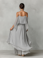 Grey Chiffon Cold-Shoulder Set with Flared Silhouette for Women