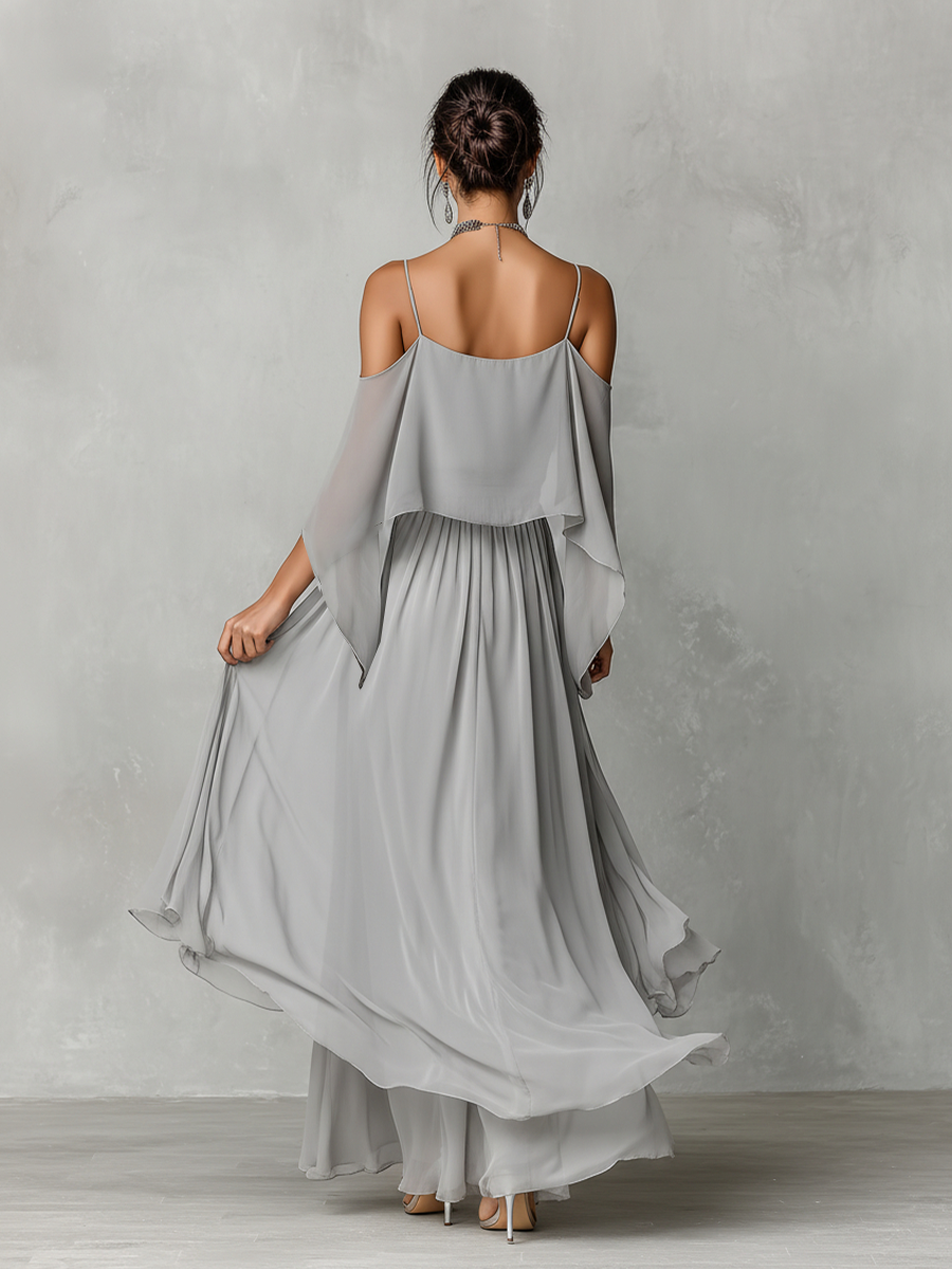 Grey Chiffon Cold-Shoulder Set with Flared Silhouette for Women