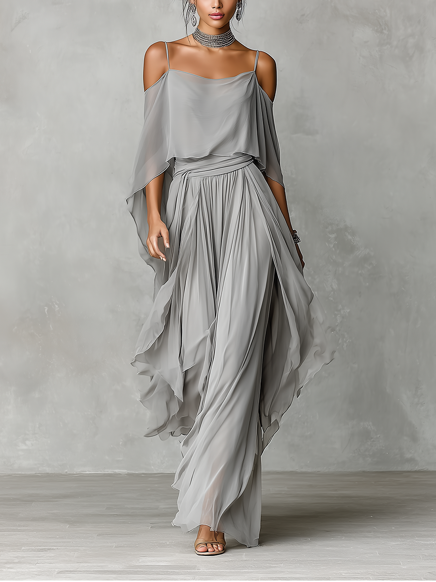 Grey Chiffon Cold-Shoulder Set with Flared Silhouette for Women