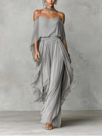 Grey Chiffon Cold-Shoulder Set with Flared Silhouette for Women