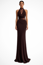 Halter Neck Lace Panel Maxi Dress for Women - Sleeveless Wedding Guest Attire