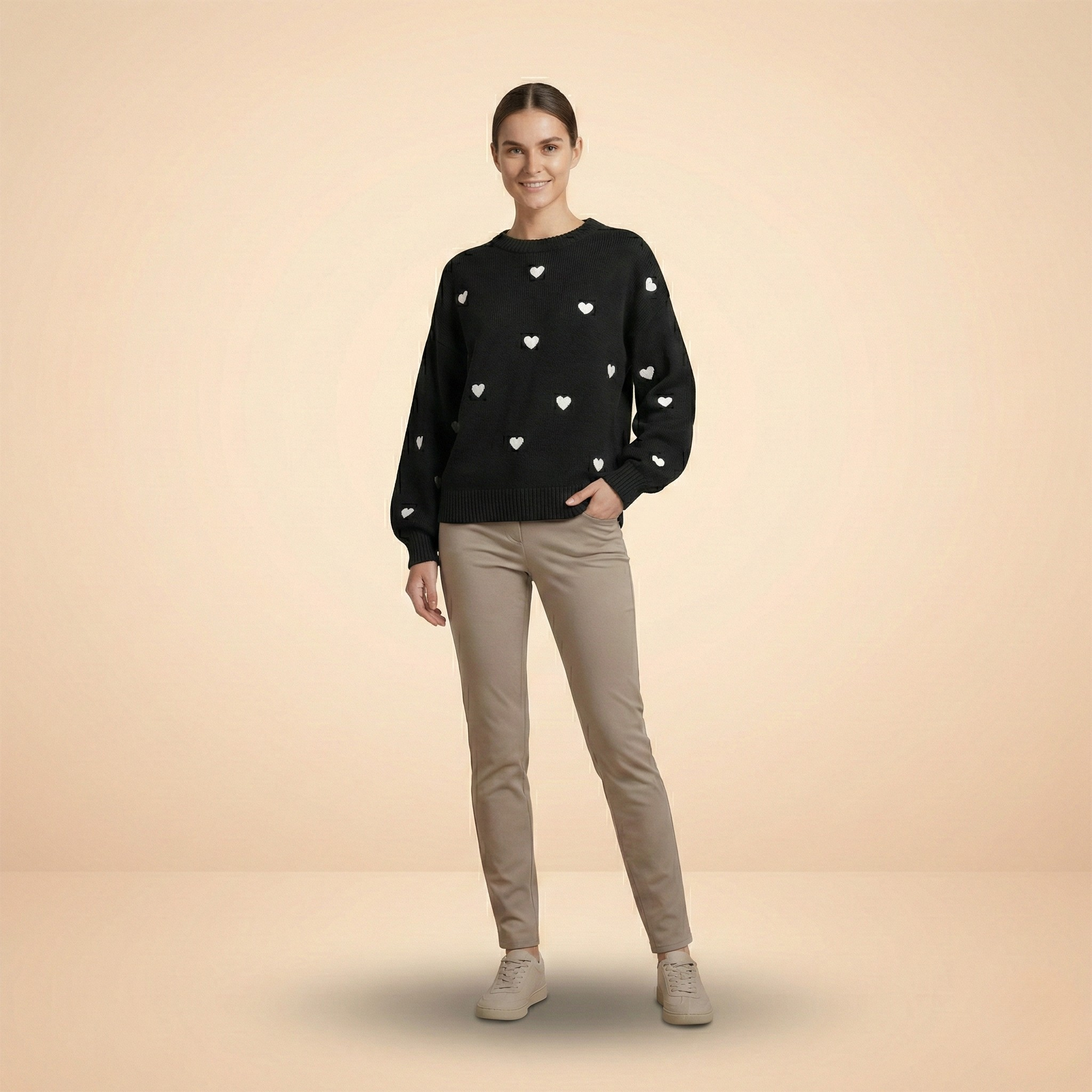 Heart Pattern Knit Pullover Sweater for Women - Cozy Casual Wear