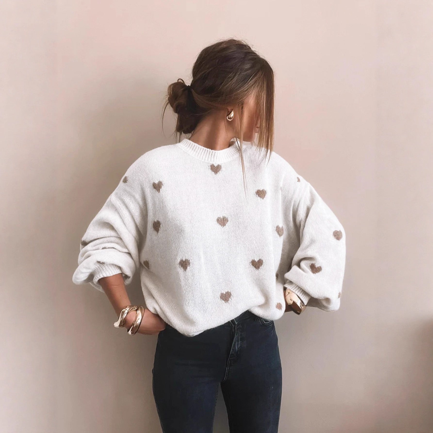 Heart Pattern Knit Pullover Sweater for Women - Cozy Casual Wear