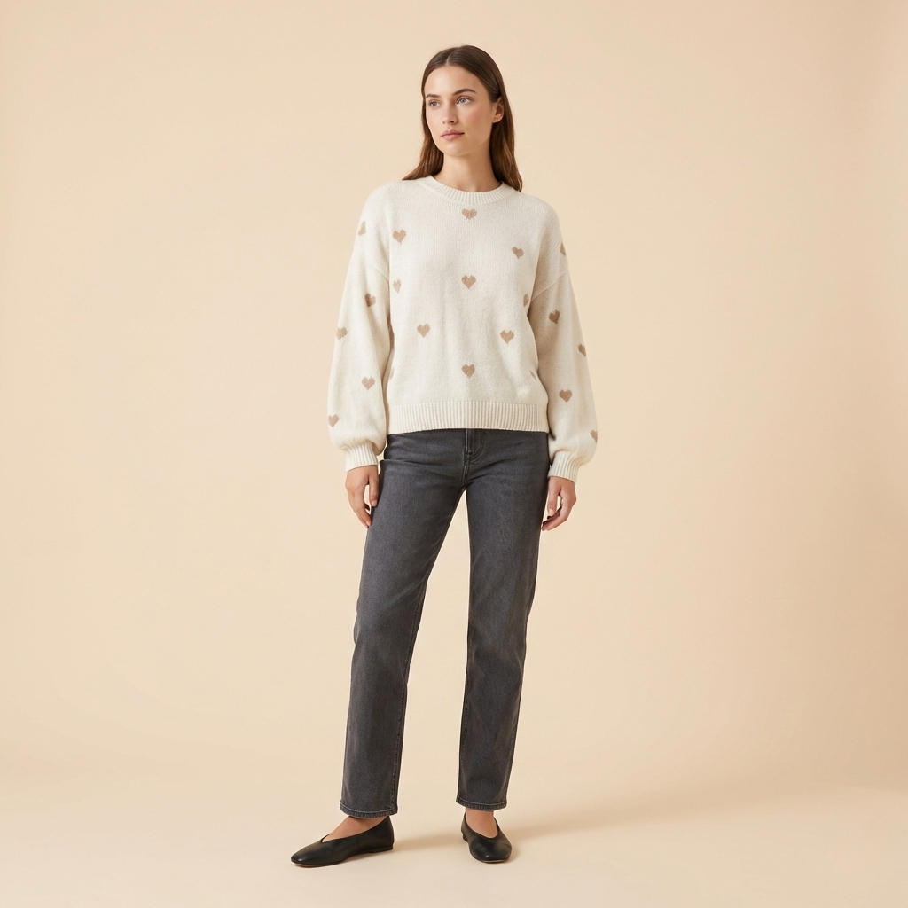 Heart Pattern Knit Pullover Sweater for Women - Cozy Casual Wear