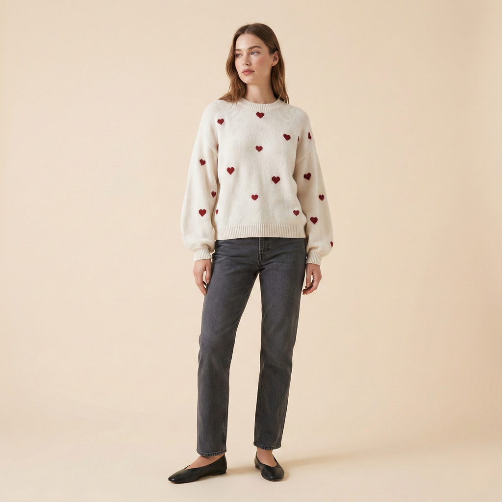 Heart Pattern Knit Pullover Sweater for Women - Cozy Casual Wear