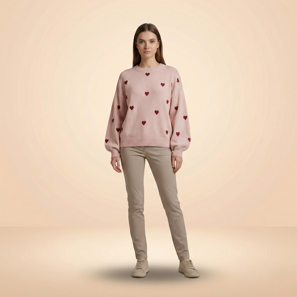 Heart Pattern Knit Pullover Sweater for Women - Cozy Casual Wear