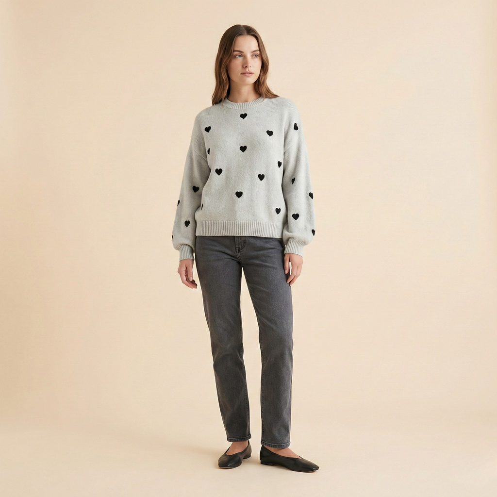 Heart Pattern Knit Pullover Sweater for Women - Cozy Casual Wear