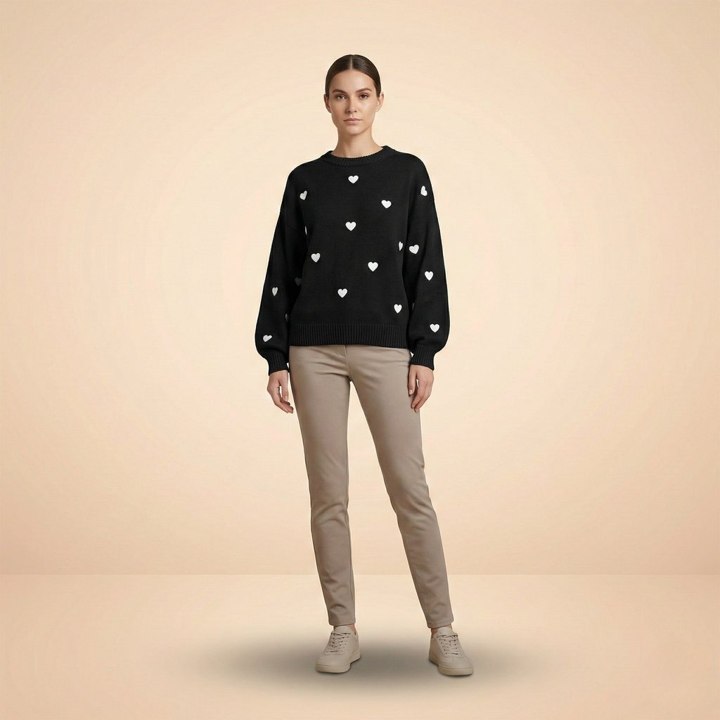 Heart Pattern Knit Pullover Sweater for Women - Cozy Casual Wear