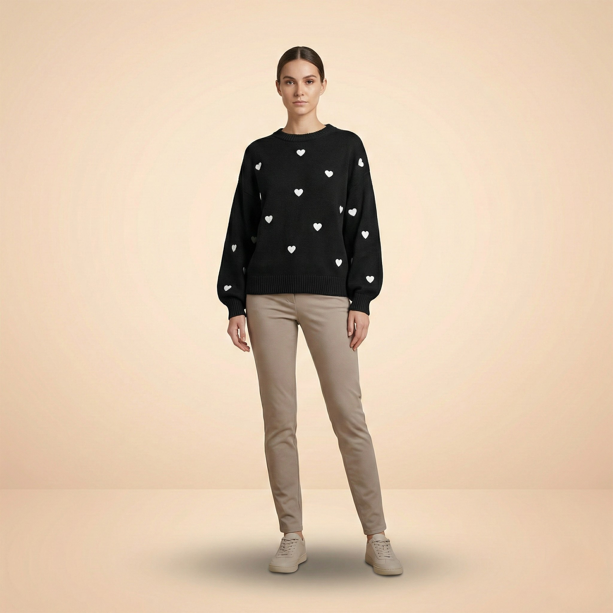 Heart Pattern Knit Pullover Sweater for Women - Cozy Casual Wear