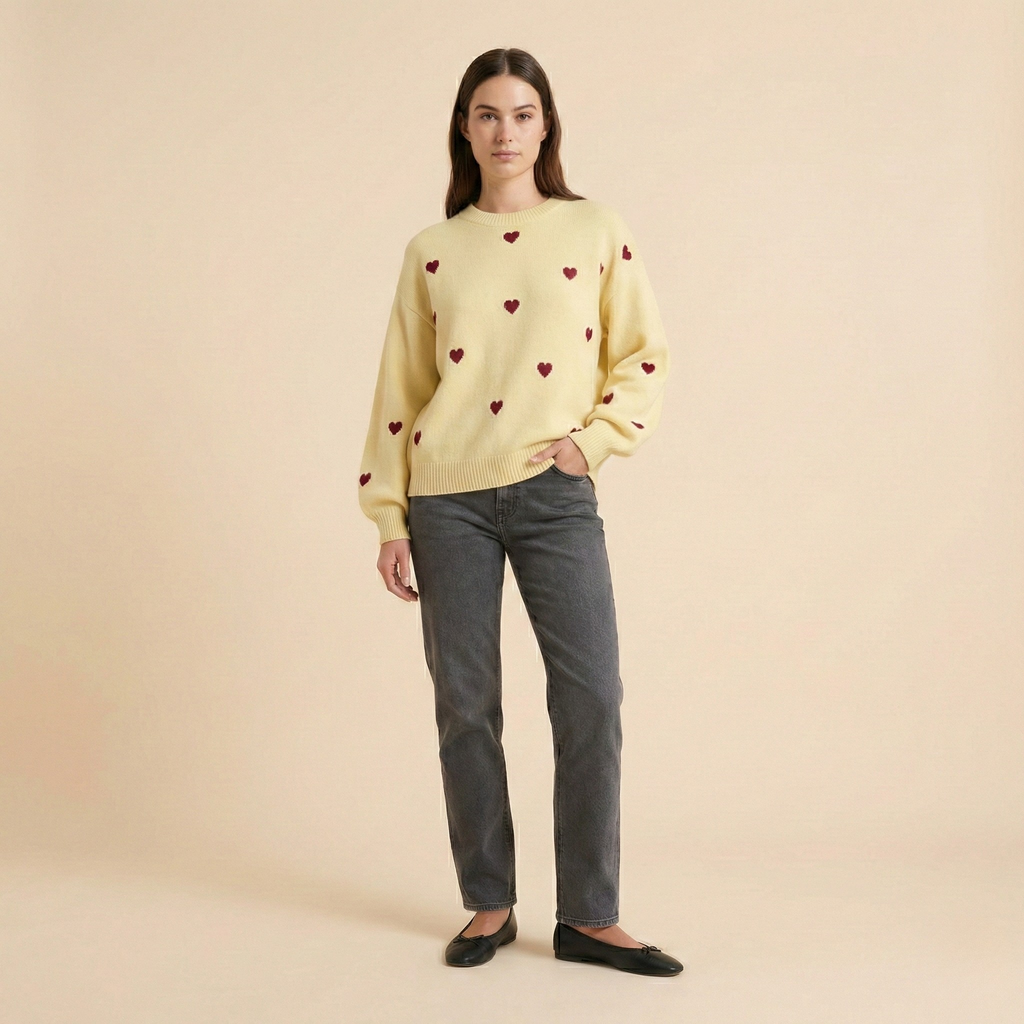 Heart Pattern Knit Pullover Sweater for Women - Cozy Casual Wear