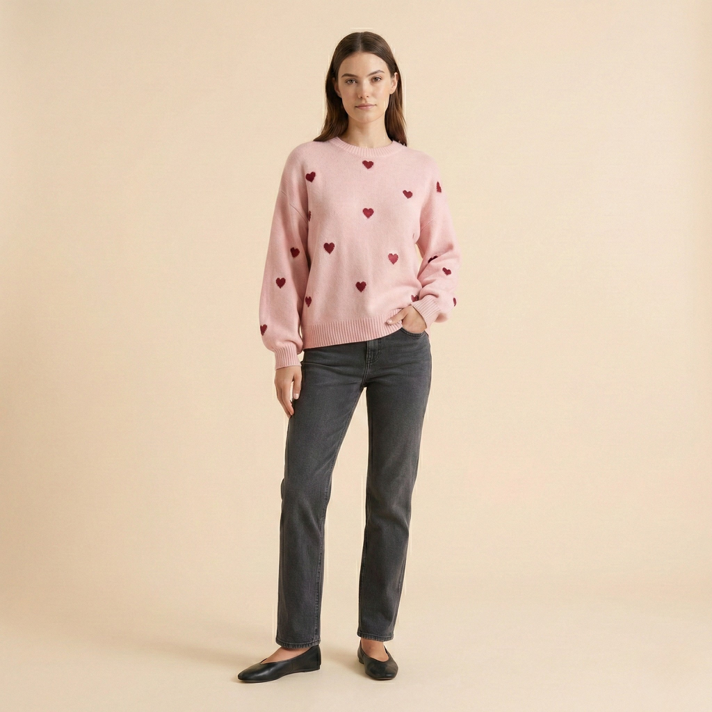 Heart Pattern Knit Pullover Sweater for Women - Cozy Casual Wear