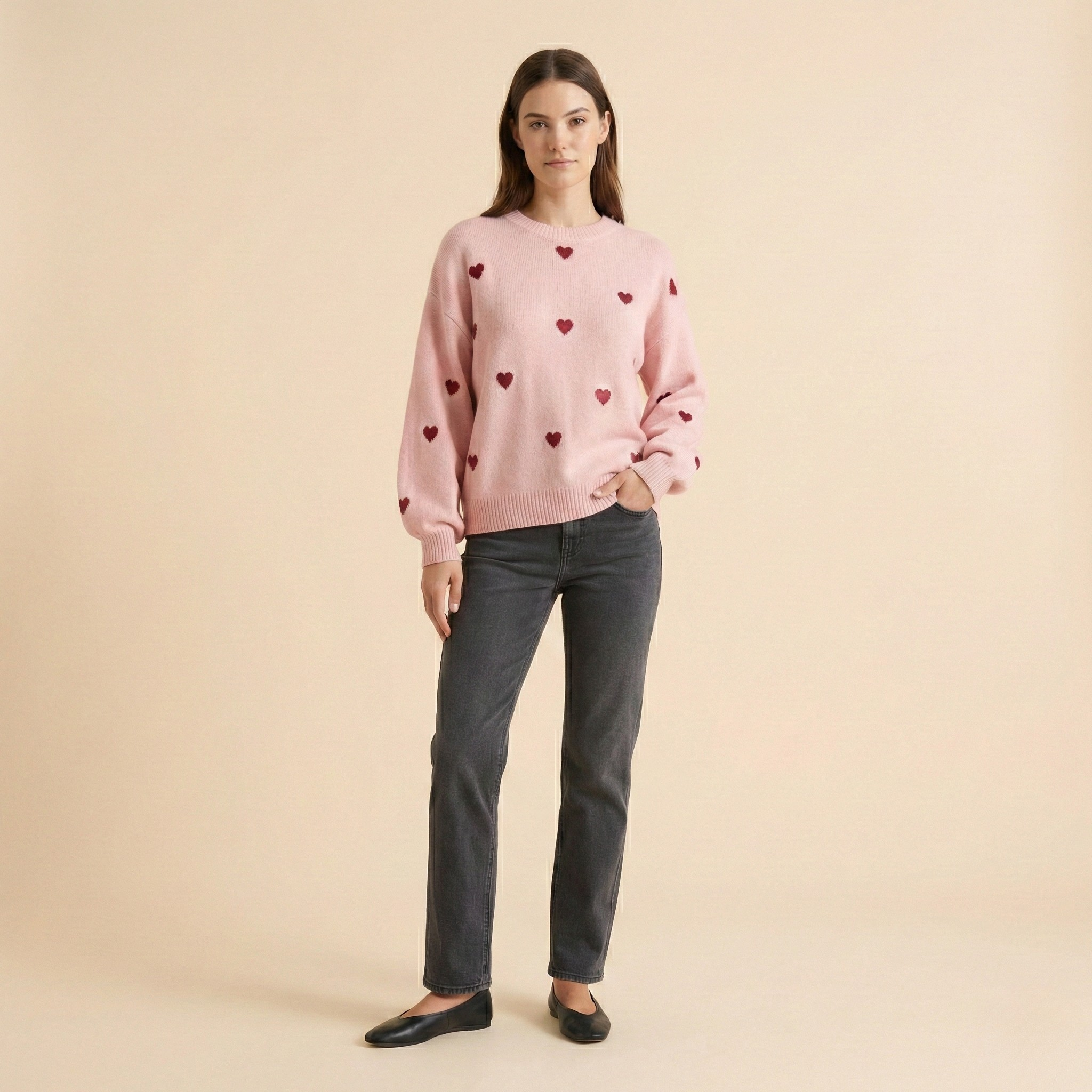 Heart Pattern Knit Pullover Sweater for Women - Cozy Casual Wear