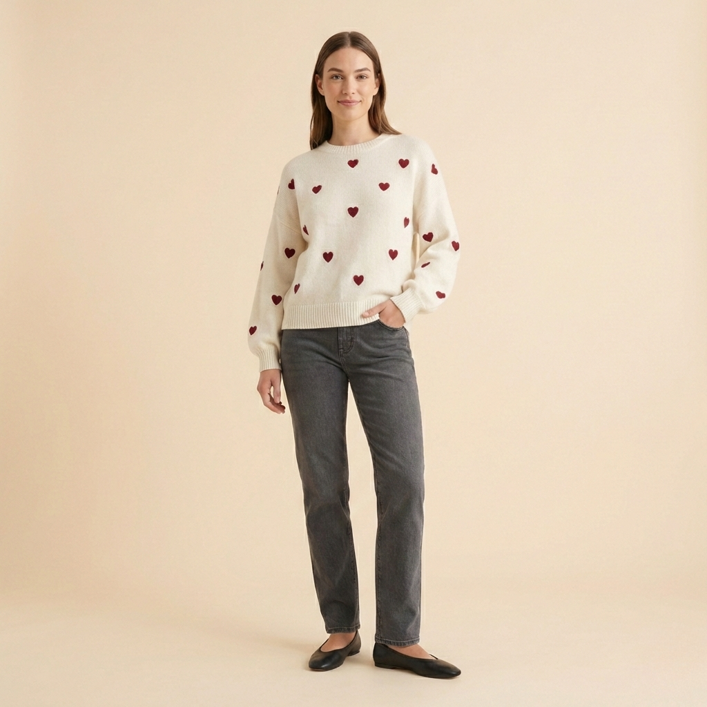 Heart Pattern Knit Pullover Sweater for Women - Cozy Casual Wear