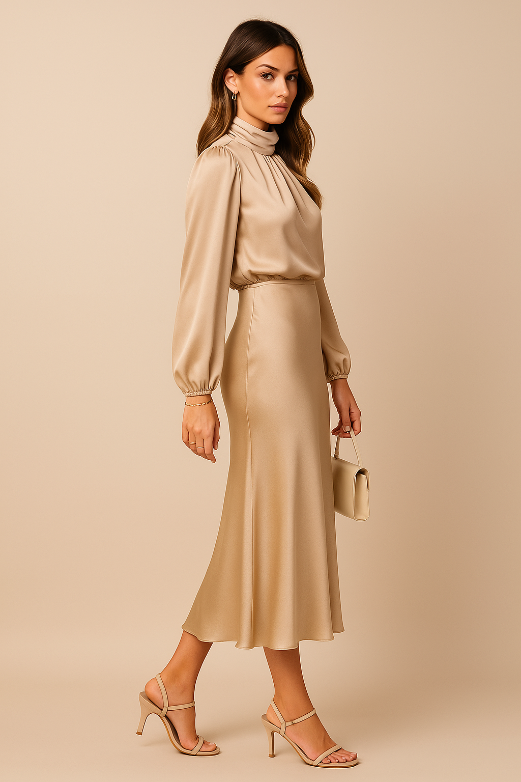 High Neck Midi Dress for Women - Elegant High Waist Design - Perfect for Formal Events and Special Occasions