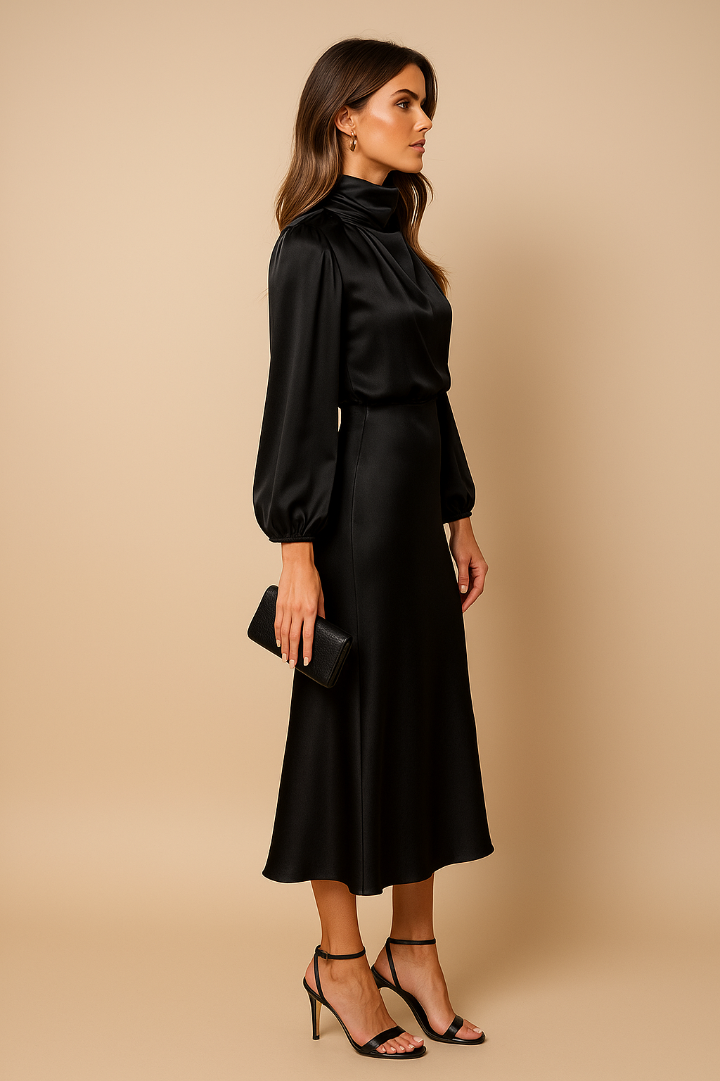 High Neck Midi Dress for Women - Elegant High Waist Design - Perfect for Formal Events and Special Occasions